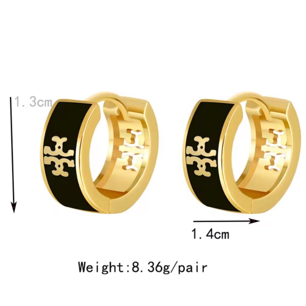 TORY BURCH GOLD & BLACK LOGO HUGGIE HOOP EARRINGS - Picture 3 of 4